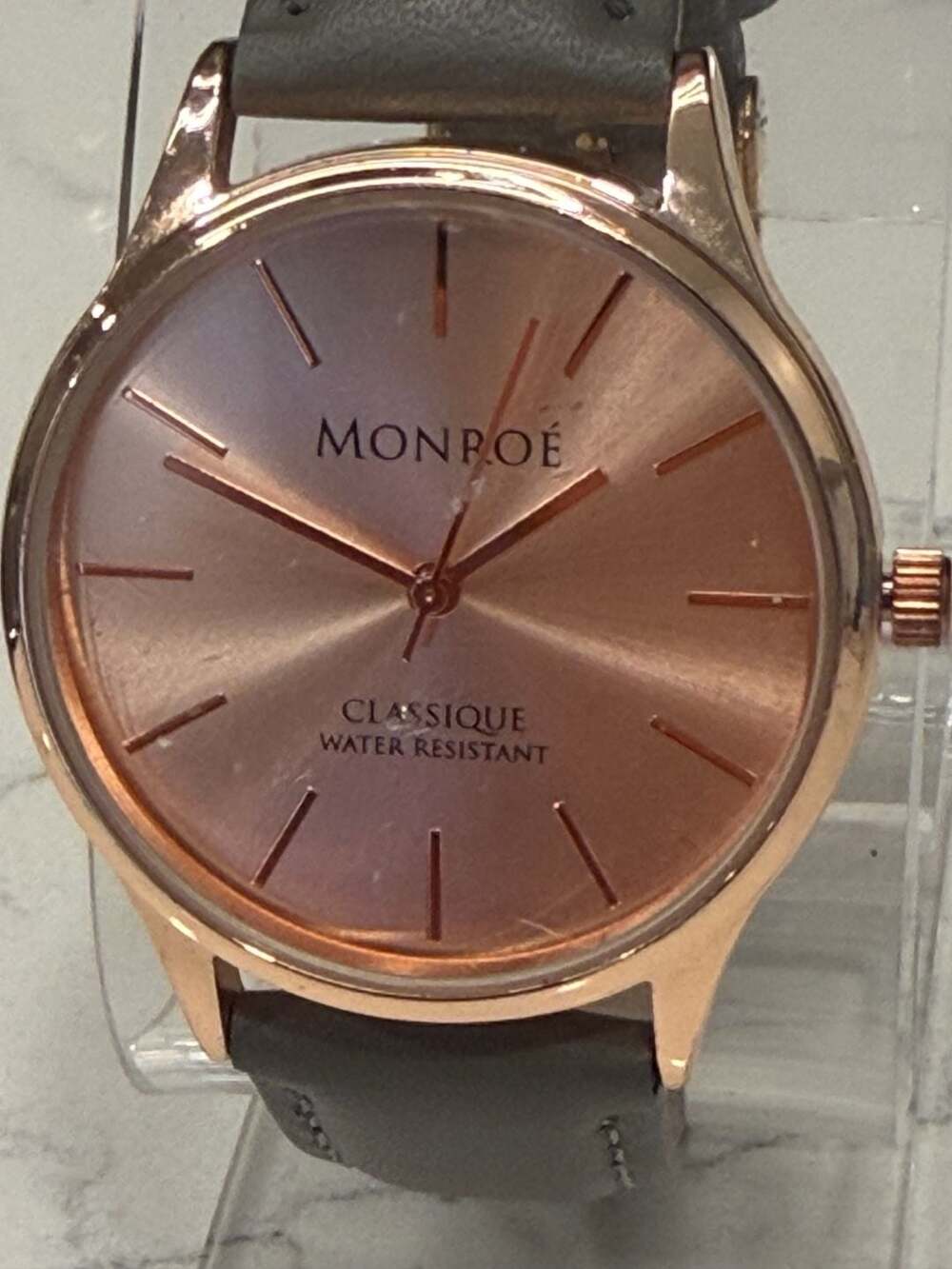 Monroe by Maestro Classique Rose Gold Tone Watch Grey Leather Strap 36mm NEW nwo